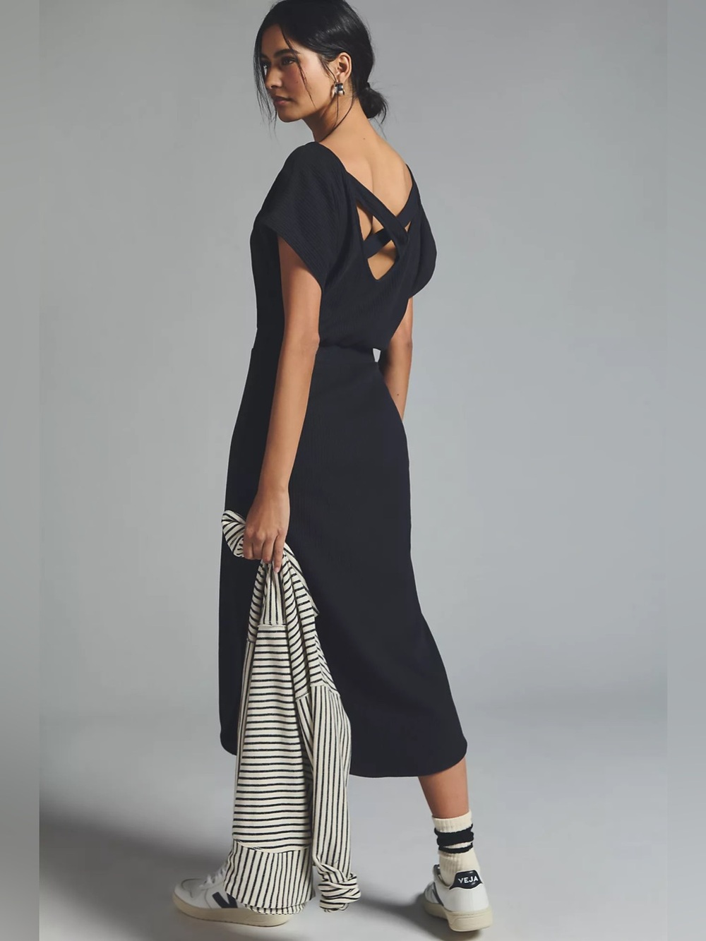 Anthropologie daily practice Black Cross-Back Midi Dress casual chic relaxed med - Picture 8 of 8